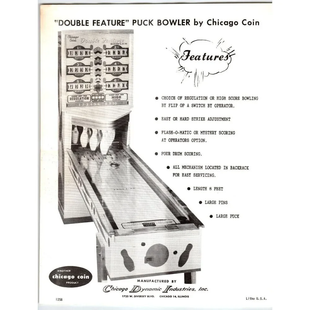 Double Feature Shuffle Alley Arcade Game FLYER Original 1958 Chicago Coin Promo